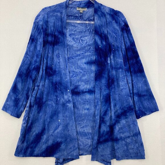 JM Collection size XL Blue Tie Dye Textured Stretch 3/4 Sleeve Layered Blouse - Picture 1 of 11
